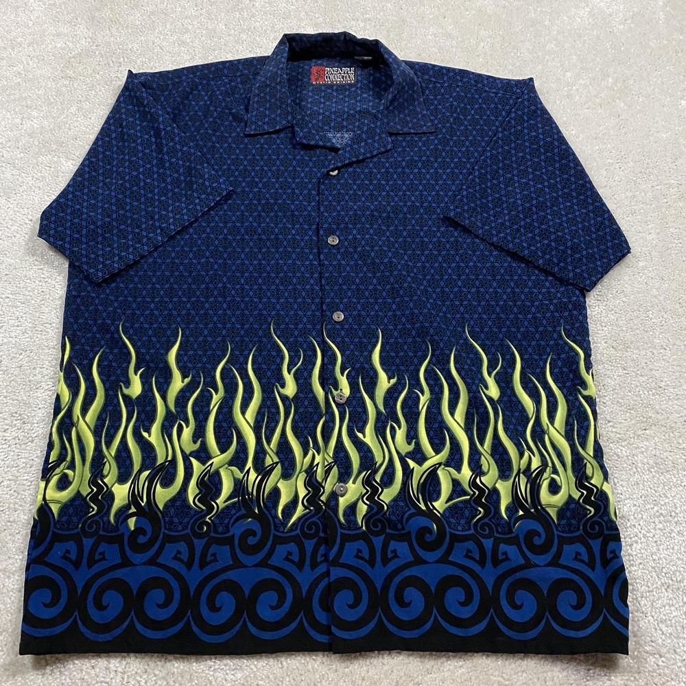 Y2K Pineapple Connection Flame Shirt Mens L Blue Hawaiian Button Up VTG Skate